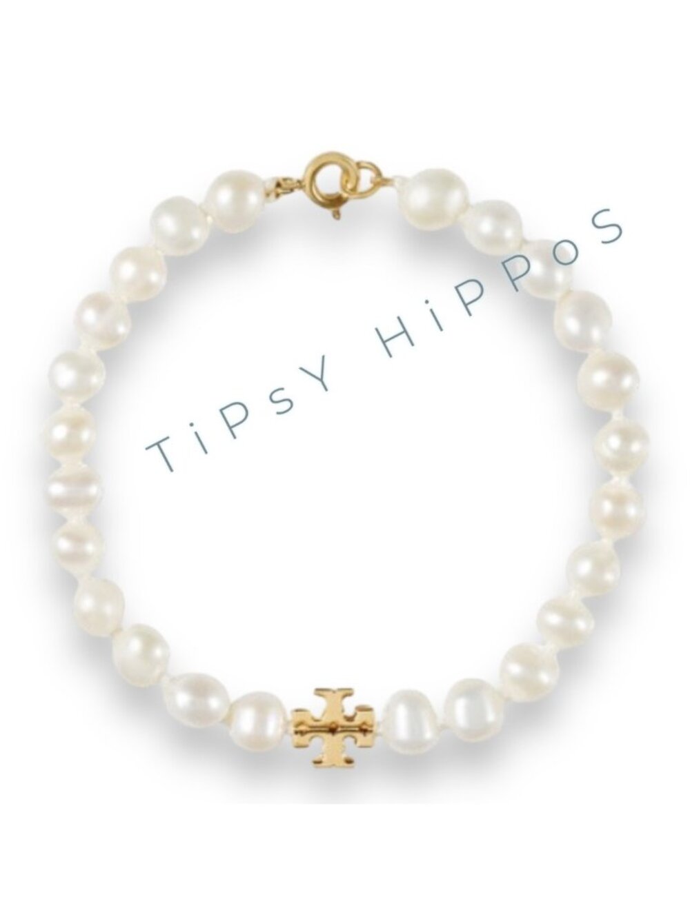 Tory Burch Pearl Bracelet With Gold Logo Charm & Clasp. 6282851